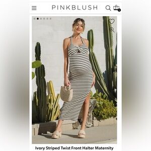 PinkBlush Maternity Ivory Striped Twist Front Halter Maternity Midi Dress, Med